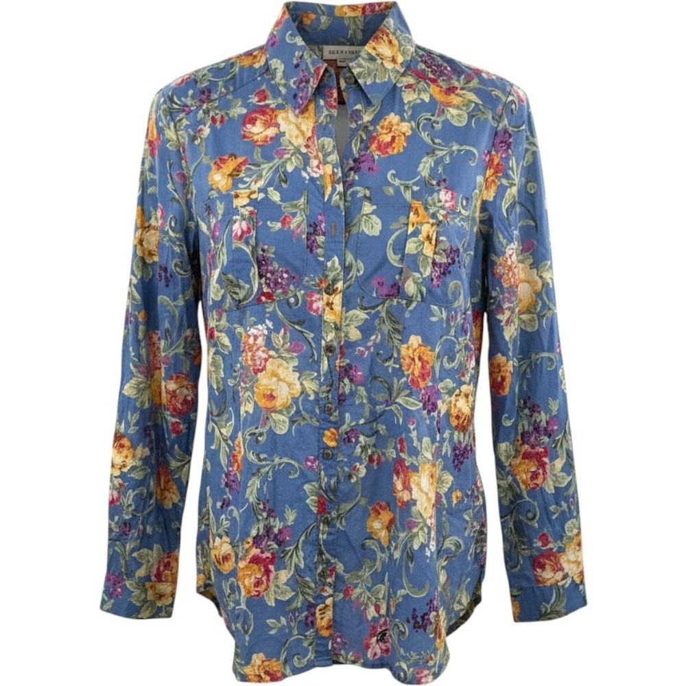 Aratta Silent Journey Womens Floral Mixed Media Button Down Shirt Blue Lime Boho